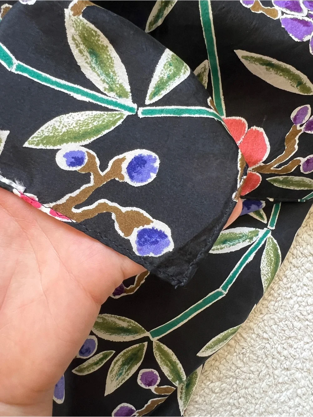 VTG Japanese Batik Floral Silk Long Scarf Black Cherry Blossom Vine Long 60